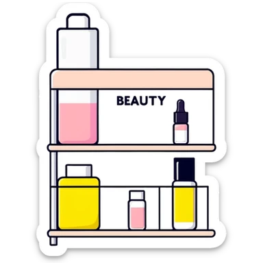 big long white shelf with one serum bottle labeled beauty brand and big sticky note sticker