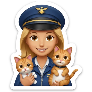 woman sitting in airplane wearing pilot outfit holding a cat emoji sticker