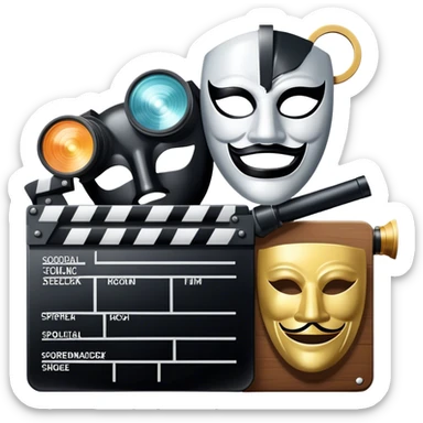 Icon for Acting in Theater and Movie: a stage with a spotlight and cinema, a film camera, a clapperboard and a dramatic mask. The design should represent both theatrical performance and cinematic art. Transparent background. sticker