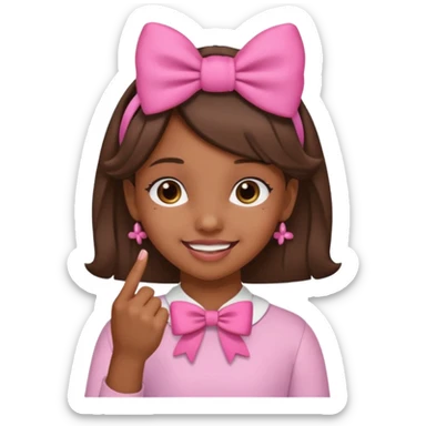 Chica morena sonriendo con un lazo rosa en la cabeza y mordiendose la punta del dedo indice con delicadeza sticker