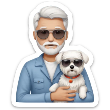 white man grey and white hair beard holding a white Maltese on a beach sticker