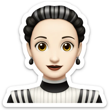 Queen Amidala, 1999 teen Wednesday Addams from academy. Smiling. Dark-gray and black striped outfit. Very Pale-white porcelain skin.  sticker