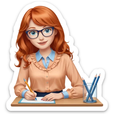 redheaded woman with very long wavy hair and bangs, blue eyes, clear cat-eye glasses, apricot silk blouse, pencil skirt, holding a pencil, smiling sticker