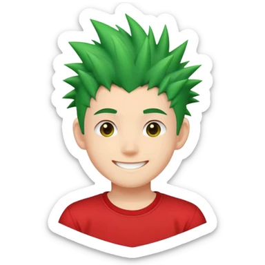 "- Nam
- 15 tuổi
- Da trắng
- Tóc xanh lá cây vuốt nhọn dựng đứng
- áo đỏ, mặt cười tươi
" sticker