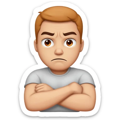 Arms crossed around neck with angry or shocked face sticker