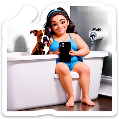 Beautiful young girl just slightly overweight with long dark choppy hair cascading over her shoulders holding her black iPhone with her medium brown dog with an under bath. It looks like a pitbull laying beside her. sticker