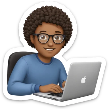 Black man with curly hair and glasses working on a laptop, emoji style sticker