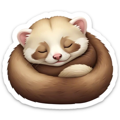 Meme-Worthy Cute Sleeping Ferret Portrait Emoji, Head resting peacefully with a contented smile, showcasing a long, flexible body curled up in cozy repose, luxuriously soft fur in warm brown and cream, and eyes gently closed in serene slumber, Simplified yet hilariously adorable features, highly detailed, glowing with a soft, drowsy natural light, high shine, relaxed and utterly lovable, stylized with an air of playful laziness, bright and heartwarming, soft glowing outline, capturing the essence of a sleeping ferret that feels destined to become the next viral sensation of adorable rest! sticker