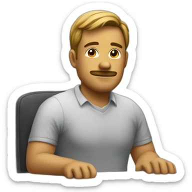 Denis is sitting on the chair near the desk and waiting for going home sticker