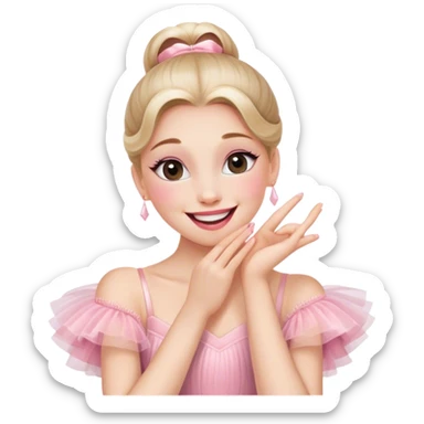 The ballerina laughs sweetly, covering her mouth with her hand sticker