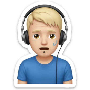 Male, crying, wearing headphone having mic, t-shirt 
 sticker