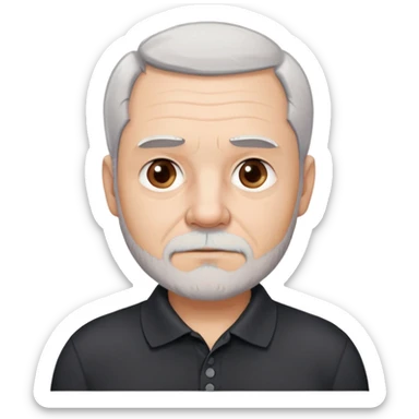 Charismatic older man in his late 50s with light skin, round face with wide features, expressive dark brown eyes, thick slightly arched eyebrows, short white-gray hair with receding hairline, gray scruff beard, neutral-serious expression, wearing black polo shirt sticker