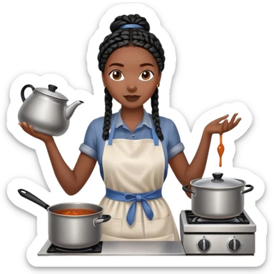 A dark-skinned Black woman with black box braids, wearing an apron, stirring a pot on the stove or holding a plate of food. sticker