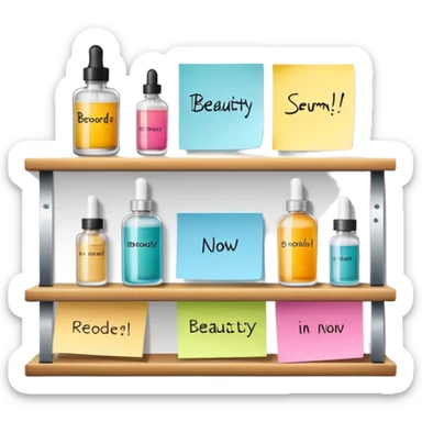 big shelf with one beauty serum, large sticky note with 'reorder now!' text sticker