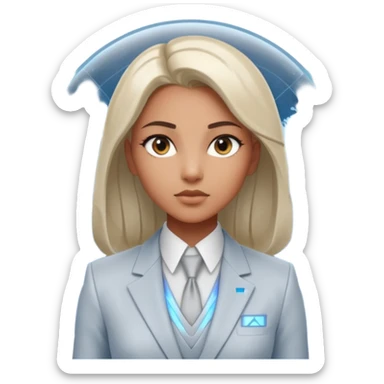 Artemis, A sleek female avatar with a focused, forensic gaze, wearing a minimalist white and silver tailored suit accented with moonlight blue. She is analyzing a transparent holographic interface displaying complex global sovereign credit data. sticker