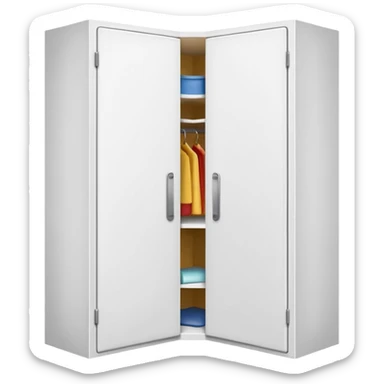 Simple L-shaped corner closet made of smooth white PVC, emoji-style. Two plain doors, one on each side, opening outward like a book from the corner.  sticker