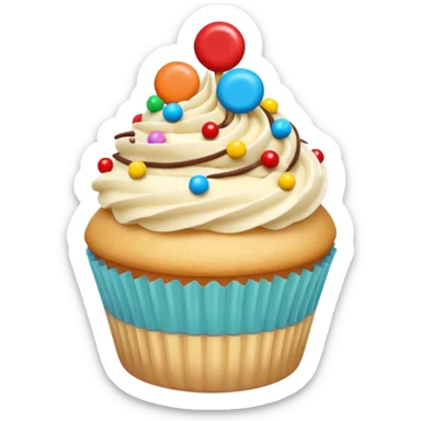 a soft vanilla cupcake with creamy frosting, decorated with scattered small, round, brightly colored candy-coated chocolates on top sticker