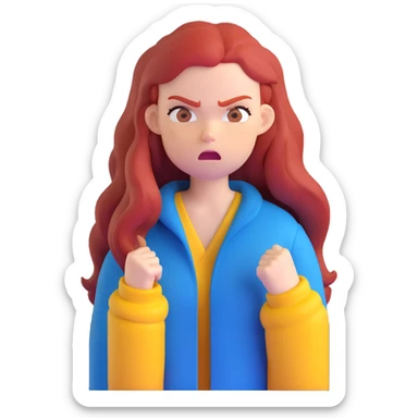 Redhead girl with long hair in blue jacket looking angry sticker