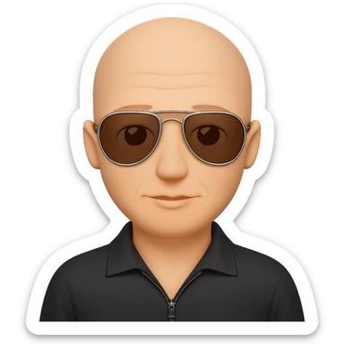A bald guy wearing aviator sunglasses in the style of apple emojis, with no background, clean and crisp apple emoji style look. sticker