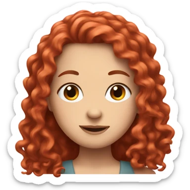 A white girl with long red curly hair make a peace sign sticker