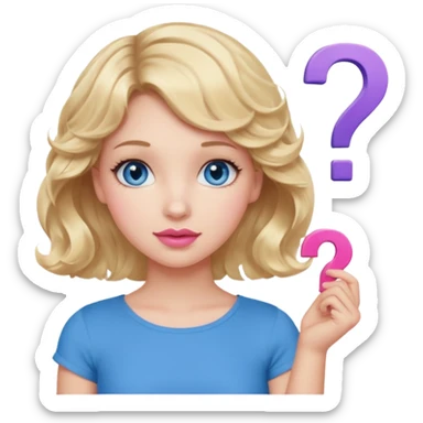Girl Blonde short wavy hair,  blue eyes, cute blue top, long lashes, pink lips, question mark sticker