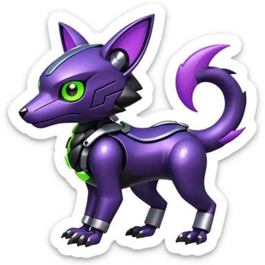 Futuristic modern mechanical badass cool shiny metallic alloy black-obsidian purple neon-green white lime animal hybrid Fakemon full body sticker