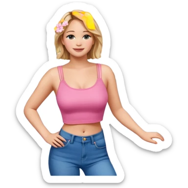 jennifer lawrence, pink crop top, and blue jeans, leaning on a balcony with a harbor and cityscape in the background, smiling sticker
