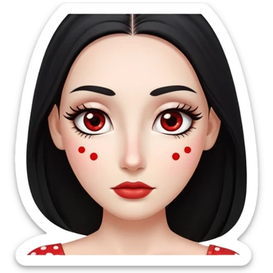 White girl with long oval shaped face, large almond shaped eyes with long eyelashes, long straight black hair falling in front of her bare shoulders, face closeup, with red and white gopi dots decorating her forehead above eyebrows sticker