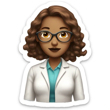 White scientist girl with brown/ reddish chocolate long hair in butterfly cut, using glasses, with brown/red lipstick  sticker