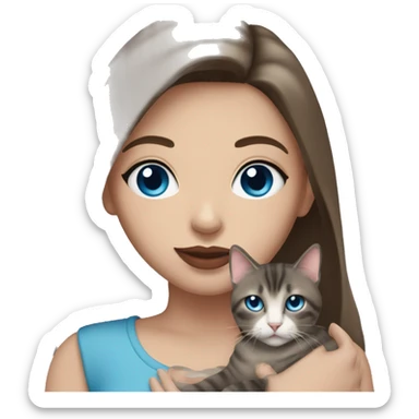 Woman with dark long hair, pink lips and blue eyes holding a tabby cat  sticker