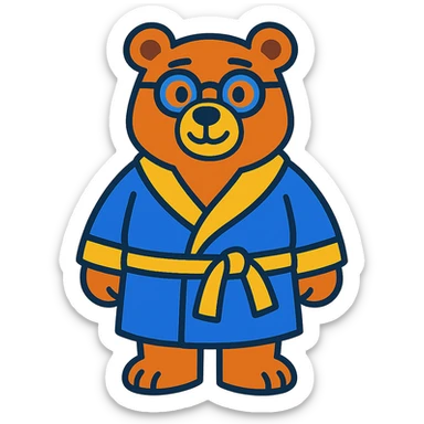 A cartoon bear wearing glasses and a bathrobe sticker