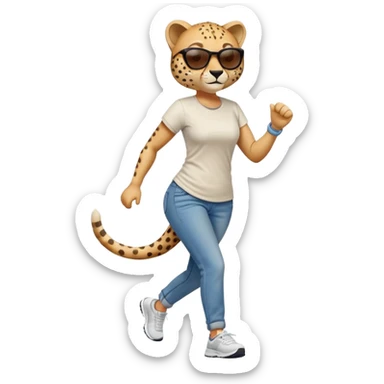 friendly anthropomorphised female cheetah in jeans and t-shirt, wearing dark sunglasses, jogging upright in standard pose sticker