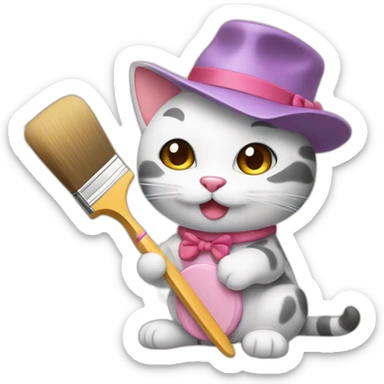 Kawaii cat artist in hat holding palette and brush so it can be used as a mouse cursor sticker