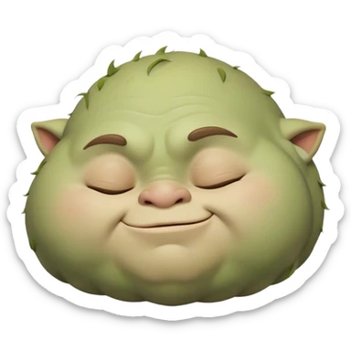 Meme-Worthy Cute Sleeping Ogre Portrait Emoji, with a surprisingly endearing, plump figure in soft earthy greens and browns, head drooping gently with closed, relaxed eyes and a content, sleepy grin, simplified yet adorably detailed, glowing with a soft warm outline that captures the peaceful slumber of a friendly ogre after a day of gentle mischief! sticker