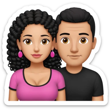 A picture if a couple. the man is a Mexican man with tanned skin, black hair, a bald hair cut, short boxed beard, and wearing a black shirt. the woman is mixed with black and white, with curly long hair, stud earrings,  wearing a pink shirt and with big boobs sticker