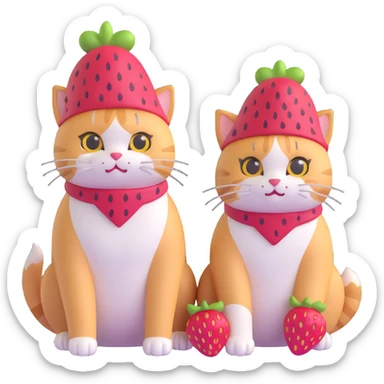 Two cats in a sitting position next to one another, each donning a strawberry hat sticker