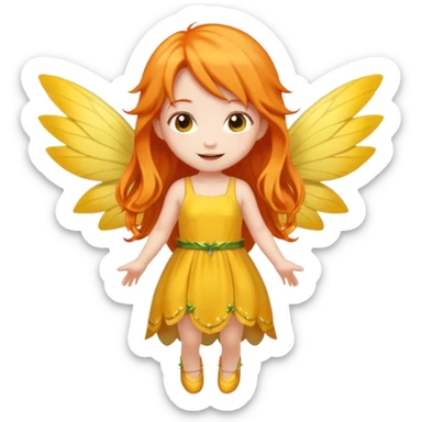 fairy with long orange hair, yellow wings, yellow dress, happy, chibi full body sticker