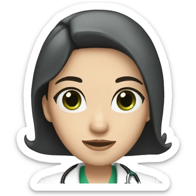 White Female doctor with green eyes, long black hair and a crown sticker