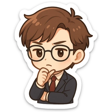 hombre joven chibi castaño, piel blanca, con pose de intelectual, fondo neutro sticker