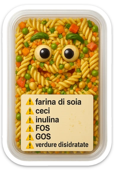 SU QUESTO STILE FAI UN EMOJI STILE IPHONE 3D DI UN insalata di pasta precotta preconfezionata con ETICHETTA CON GLI INGREDIENTI SCRITTI, "farina di soia, ceci, inulina, FOS, GOS, verdure disidratate" accanto ad ogni nome scritto mettici un segnale di allarme, FALLO MOLTO REALISTICO IN 3D sticker