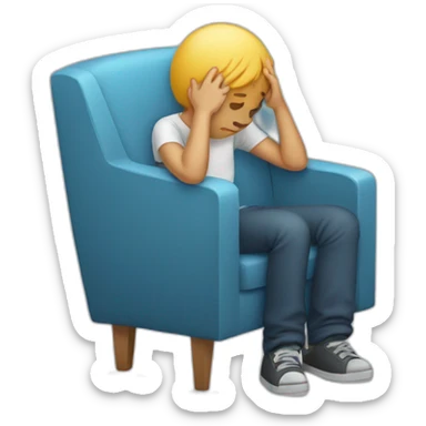 sad boy sitting in fold-out chair with his head in his hands sticker