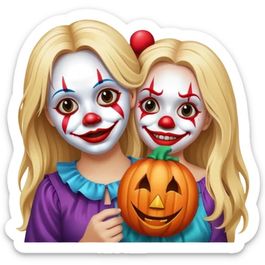 heartbroken blonde girl with long hair holding isolated happy clown Halloween mask beside her face  sticker