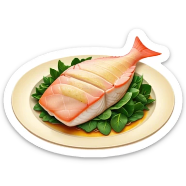 Cinematic fresh snapper fillet, pan-seared to golden perfection, soft and flaky texture, resting on a bed of sautéed greens, warm glowing background, refined and elegant. sticker