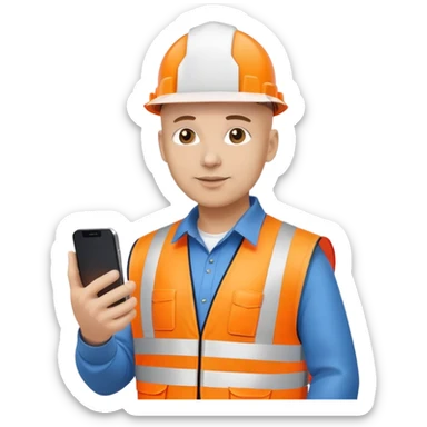 Bald Telecoms engineer in orange hi vis with white hard hat and phone sticker