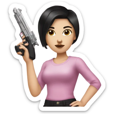 White Girl with black hair hand pink nails holding pink gun sticker