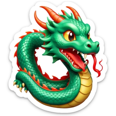 Cinematic Cute Yawning Chinese Serpent Dragon Portrait Emoji, Head gently inclined with a dramatic, wide-open yawn, revealing an elegantly elongated body with softly glowing jade and vermilion scales, enriched by subtle, ethereal cloud and ripple motifs; rendered with authentic detail and delicate natural light, high shine, relaxed yet wise, styled with a dash of ancient mystique, soft glowing outline, capturing the essence of a drowsy but venerable celestial dragon ready to drift into a serene, timeless slumber! sticker