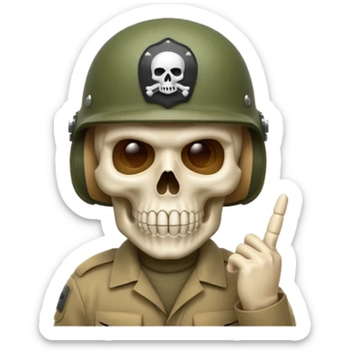 A bold emoji-style white skull wearing a realistic modern army helmet, making a shushing gesture (index finger bone held up to mouth area). Clean vector style,modern emoji aesthetic.The helmet has detailed realistic texture. No body, just the skull and helmet sticker