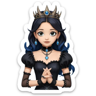 Tight fitting seductively dressed, Holey and worn Lavish black evening gown with see-through wispy black gloves, holding arms-crossed smiling cute pose witchy mysterious Jenna Ortega as student Addams woman wearing a steampunk style mini tiara, very large blue evil-looking horned old evil eyes  sticker