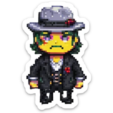 gangster character, highly cartoonish, exaggerated pixel art style sticker