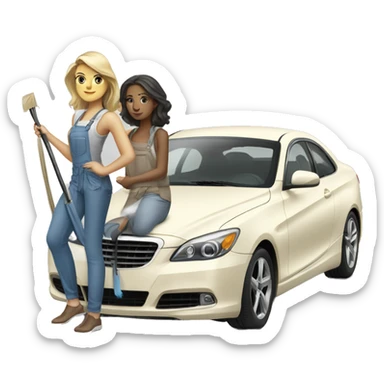 Two white tan girls cleaning a expensive car with fashion clothes  sticker
